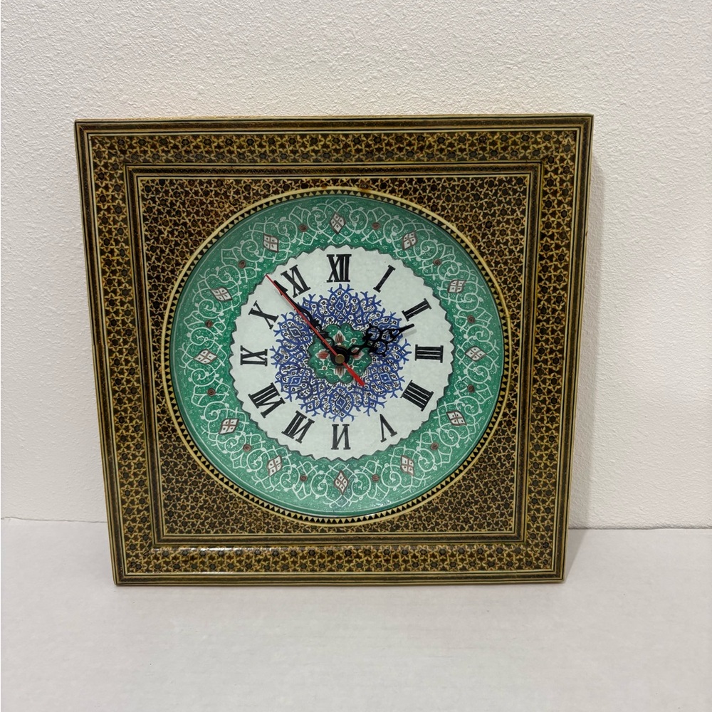 Persian Khatam Wall Clock Minakari Marquetry Handcrafted Intricate 13”x13”
